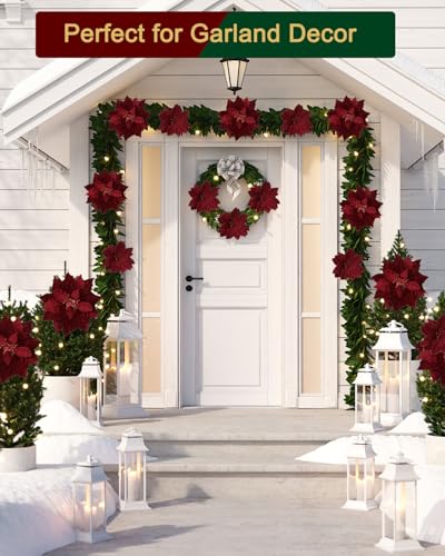 10 Inch Red Poinsettia Christmas Flowers 12pcs with Stems for Tree Wreath Decor - Vensovo