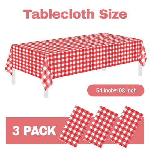 Childom 3 Pack Red and White Checkered Tablecloths 54"x108" Christmas Tablecloths for Rectangle,Disposable Plastic Table Cover for Weddings,Home,Birthday,Picnic,Buffet,Pizza Party,Racing Car Decors