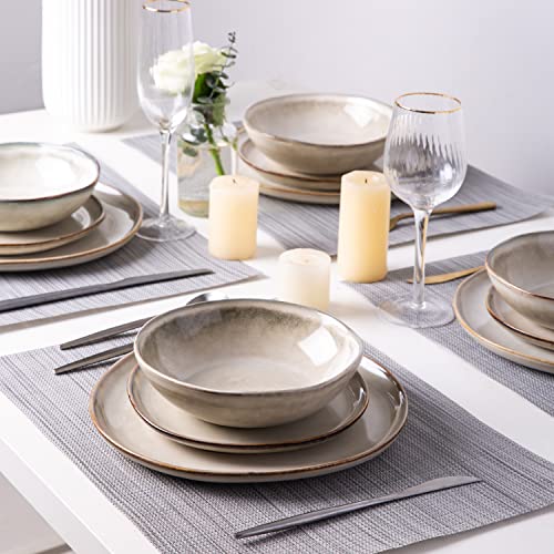 AmorArc Ceramic Dinnerware Set for 4 - 12Pcs Cappuccino Service with Plates & Bowls