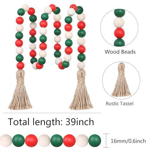 Christmas Wood Bead Garland,39in Farmhouse Beads with Tassels Tiered Tray Decor Wall Hanging Home Ornaments for Christmas Tree Decorations