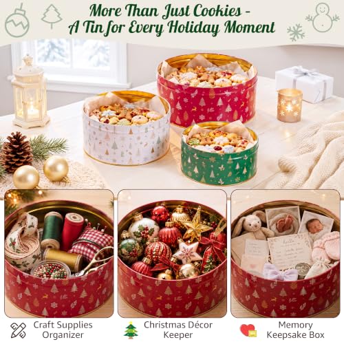 3 Pack Christmas Cookie Tins with Lids - Nesting Metal Storage Containers with Parchment Sheets