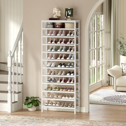 Tall Wooden Shoe Rack Organizer - 12 Tiers, White, 27.8 x 11 x 81.3 inches
