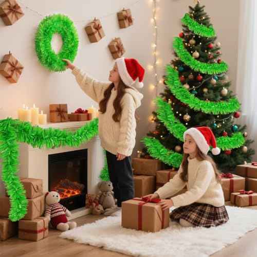33FT Christmas Tinsel Garland Lime Green Metallic Hanging Twisted Garland for Christmas Tree Fireplace Mantle Xmas Party Home Decoration