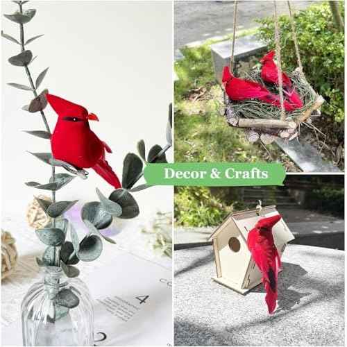 6pcs Red Cardinals Bird Decor Christmas Tree Ornaments 5.5Inch Clip on Fabric Feathered Artificial Birds for Xmas Party Decoration Wreath Crafts