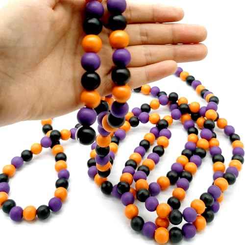 10ft Wooden Bead Garland, Wood Bead Decoration for Halloween Party, 14mm (Orange, Purple & Black)