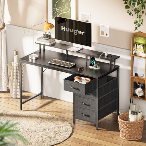 47 Inch Computer Desk with LED Lights & Power Outlets - Black, Reversible Drawers, Monitor Stand, Gaming & Office Use