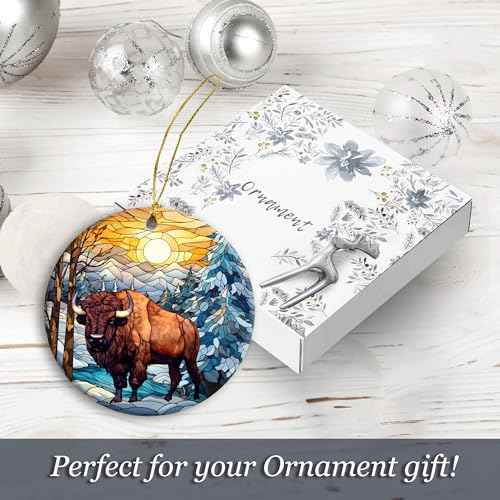 Buffalo Christmas Ornament 2025 | Stained Glass Bison Ornament, Wild Animals Christmas Tree Decor, Beautiful Scenic Buffalo, Keepsake, Yellowstone National Park (Bison in Light)