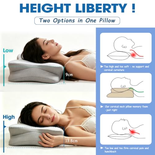 Tsomfeh Grey Cervical Neck Pillow for Support, Pain Relief & Cooling