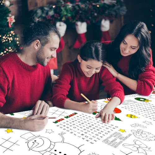 Labeol 1 Pack Christmas Tablecloth, Christmas Coloring Tablecloth for Kids, 54"x108" Giant Santa Claus Snowman Maze Color-in Paper Poster Table Cover for Winter Party Arts and Crafts