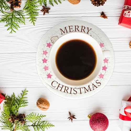 Winter Handmade Braided Cotton Coasters Merry Christmas Pink Santa Xmas Tree Absorbent Drink Coasters for Table Protection Gifts Home Party Decor, Set of 4