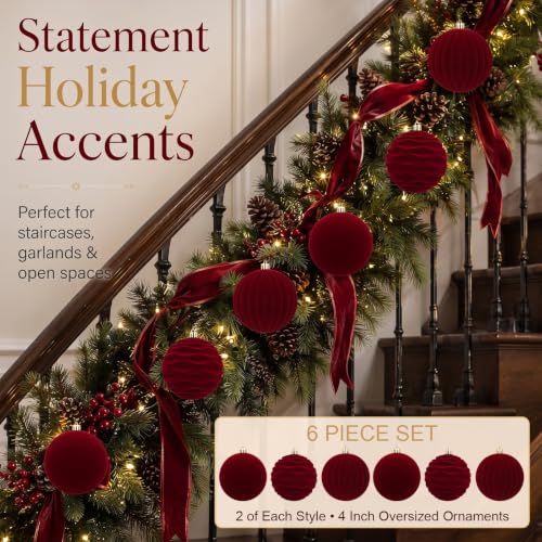 Hollowfly Burgundy Red Velvet Christmas Balls Set 6 Large 4 Inch Ornaments