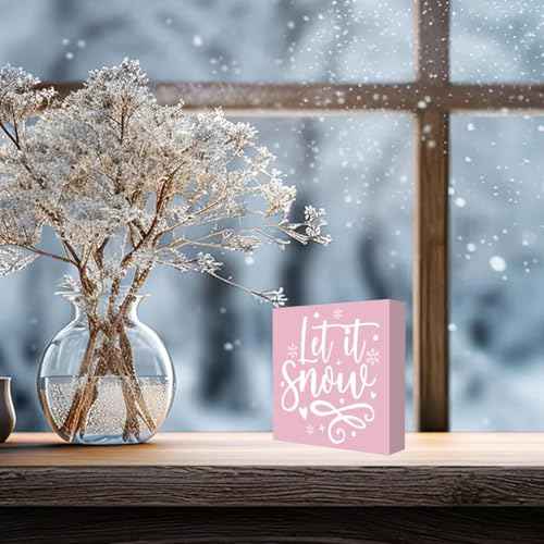 Let It Snow Decor, Pink Winter Decor for Home Table, Pink Snowman Decorations, Funny Winter Christmas Decorations 5 x 5 inches