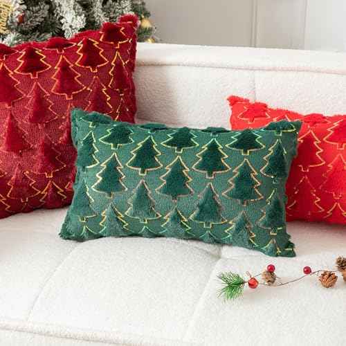 UGASA Christmas Tree Decorative Pillow Covers 18x18 Inch Set of 2 Soft Plush Faux Fur Luxury Sparkling Sequin Pattern Throw Pillows Pillowcases for Couch Sofa Holiday Festivals Home Decor, Dark Green