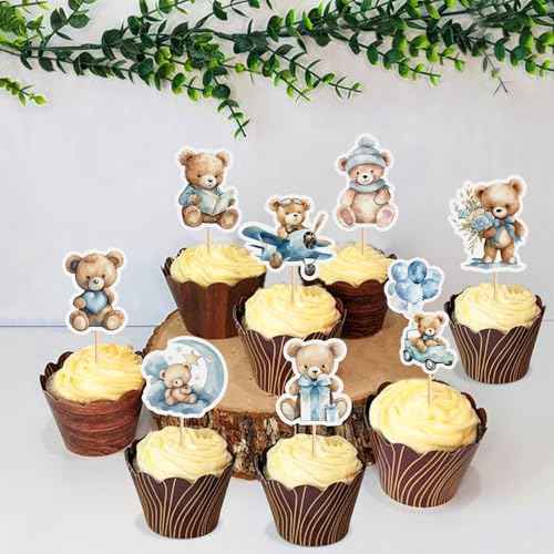 32PCS Baby Shower Bear Cupcake Toppers Airplane Car Balloon Moon Gift Bear Cake Topper Decorations Baby Theme Birthday Party Cake Decorative Supplies