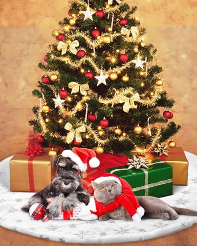 COOLWUFAN 24-Inch Silver Faux Fur Christmas Tree Skirt with Sequin Snowflakes