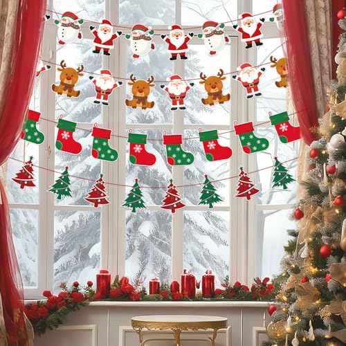 jijAcraft Christmas Banners 4 Pack ? Xmas Decorations with Santa, Snowman, Reindeer & Tree Designs, Pre-Assembled Hanging Bunting Garland for Christmas Party, New Year, School, Office, Fireplace