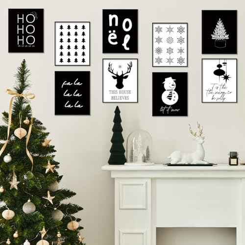 Whaline 9Pcs Christmas Wall Art Prints Xmas Tree Snowflake Paper Posters White Black Aesthetic Pictures for Home Office Room Gallery Party, 8 x 10 Inch, Unframed