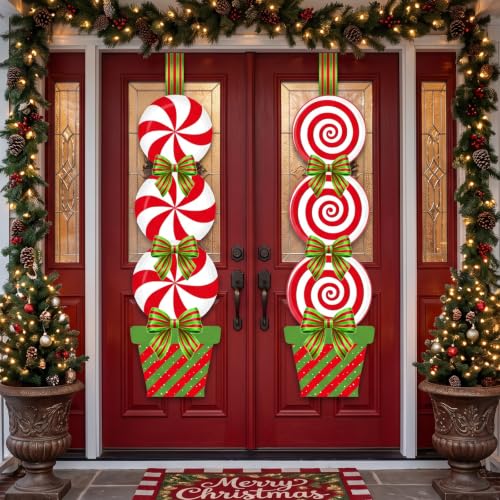 Shellwei Candy Porch Christmas Decorations - 2 Pcs Peppermint Hanging Decor, Door Sign