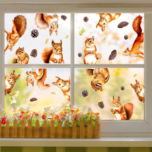 Double Sided Squirrel Window Stickers Squirrel Window Clings Autumn Fall Animal Wall Decals Woodland Animals Wall Stickers Cute Squirrels Wall Decals for Nursery Kids Bedroom Playroom Decor