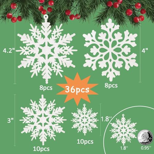 36pcs Snowflakes-Christmas Tree Decorations, Snowflake Ornaments for Tree, Plastic Glitter White Snow Flakes Ornaments, Christmas Indoor Winter Wonderland Decor
