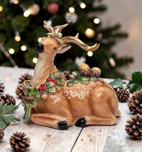 Cosmos Gifts Ceramic Reindeer with Pine Cone Christmas Figurine - 9.5" Holiday Decor