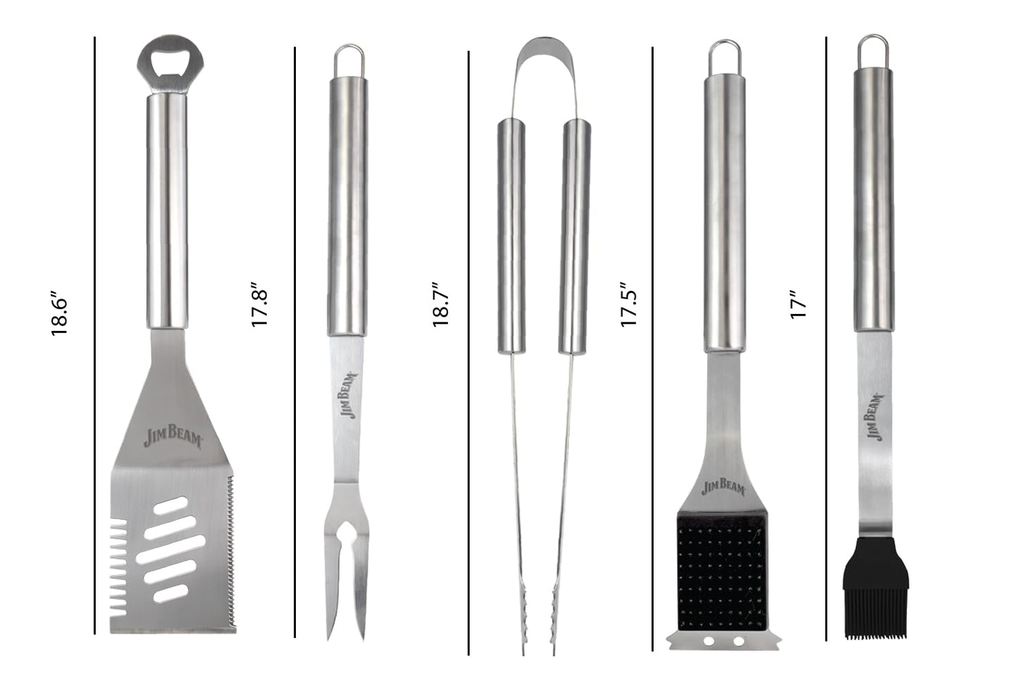 Jim Beam® 5 Piece Stainless Steel BBQ Tool Set - 2-Prong Fork, 4-in-1 Spatula, Grilling Tongs, Basting Brush, Extra Long Handles