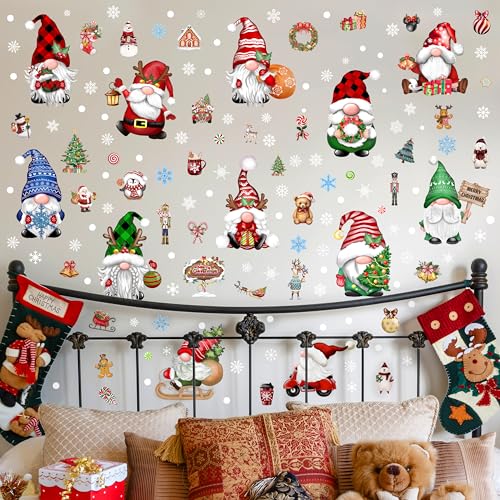 Christmas Gnomes Wall Stickers Decals - 12 Sheets Snowflake Vinyl Winter Gnome Decor