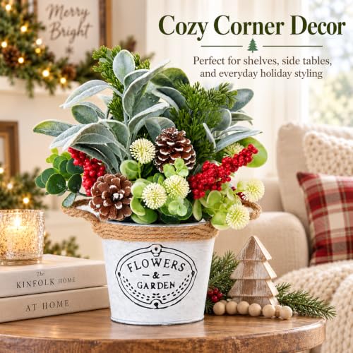 Christmas Table Decor with Metal Pot, Winter Xmas Centerpieces for