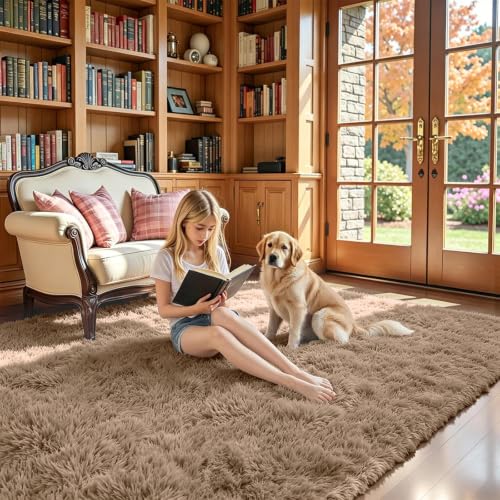 Beige 8x10 Shaggy Plush Area Rug - Large Furry Carpet for Living Room