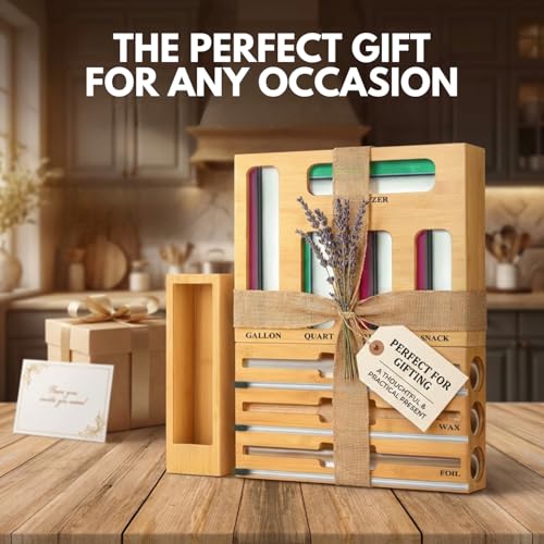 9-in-1 Bamboo Drawer Organizer for Food Wraps & Storage Bags with Cutter
