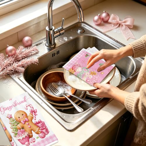 MOIZYNG Pink Christmas Gingerbread Kitchen Towels Set of 4 - Holiday Dish Towels