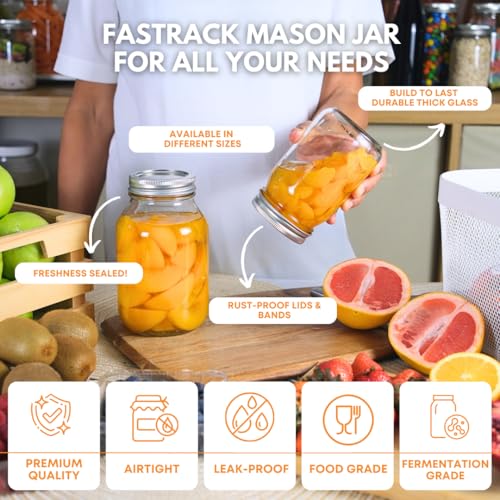 FastRack Regular Mouth Glass Mason Jars with Metal Airtight Lids | 16 oz - Pack of 8 | Large Glass Jars for Food Storage with Lids | Ideal for Canning, Fermentation, Pickling, Kombucha Brewing