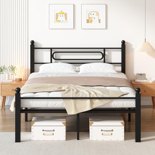 Gohapnis Full Size Black Metal Bed Frame with Headboard, Heavy-Duty Support, 12in Under Bed Storage, Easy Assembly