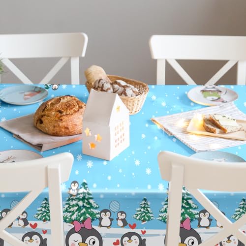 Buryeah 3 Pcs Penguin Tablecloth Birthday Party Decorations Supplies Plastic Penguin Table Cover Snowflake Tablecloth Disposable for Christmas Theme Party Decoration, 51 x 87 Inch