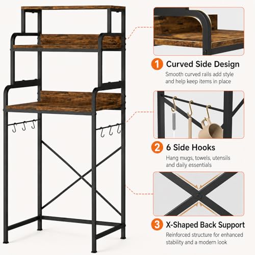 MILEFA Rustic Brown 4-Tier Mini Fridge & Microwave Stand with Side Hooks