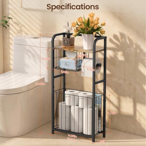 Black Freestanding Toilet Paper Holder Stand with Storage Shelf for Small Bathrooms