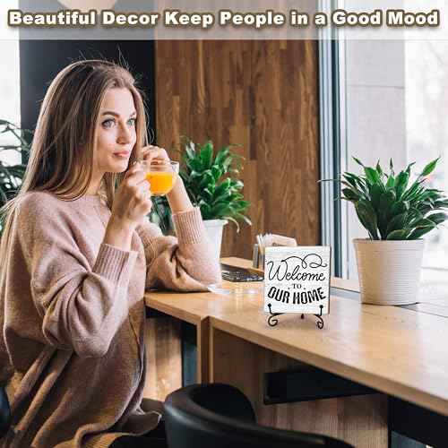 Welcome Home Sign, Farmhouse Wooden Plaque with Iron Stand for Desk Shelf Decor - A16