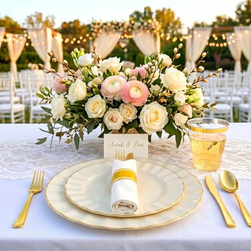 Ivory White Scalloped Plastic Dinnerware Set for 25 Guests - 175 pcs
