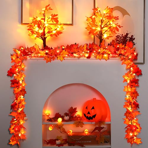 Orange 9FT Lighted Fall Maple Leaf Garland for Thanksgiving Home Decor - 2 Pack