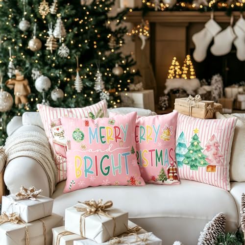Pink Christmas Pillow Covers Set of 4 18x18 Holiday Watercolor Decor