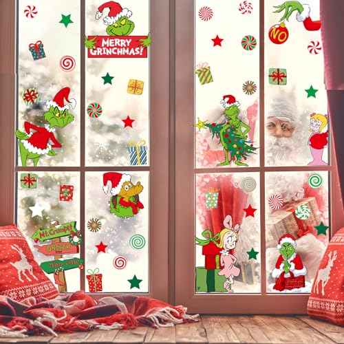 Christmas Window Clings, 9 Sheets Double-Sided Printed Christmas Elf Faces Window Stickers, Christmas Window Decals with Snowflake Decals for Christmas Decorations