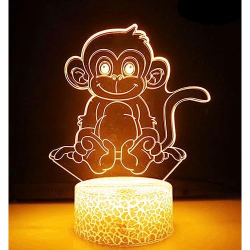 3D Monkey Night Light Lamp Illusion 7 Color Changing Touch Table Desk Decoration Lamps Acrylic Flat ABS Base USB Cable Birthday Gift Toys