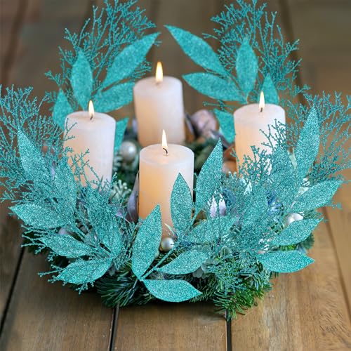 Winlyn Teal Blue Glittered Artificial Christmas Leaf Sprays - 30 Pcs Holiday Floral Decor