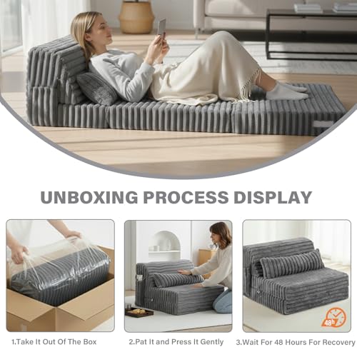 Tiita Corduroy Grey Folding Sofa Bed - Single Size Convertible Lounge Chair Mattress with Pillow & Side Pocket