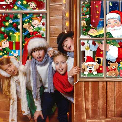 Preboun 2 Pcs Christmas Curtain Window Decoration Xmas Window Silhouette Snowflake Cover Christmas Poster for Indoor Outdoor Holiday Party Wall Garage Door Decor(Santa Claus and Elf Tree)