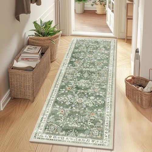 Sage Green Washable Hallway Runner Rug 2x12 Floral Non-Slip Carpet