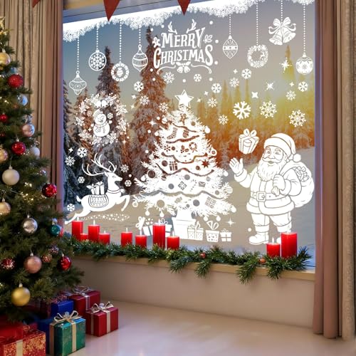 AhfuLife Large Christmas Window Clings Decorations, 35.4 x 11.8 in, 6 Sheets Double Side Xmas Snowflake Santa Reindeer Snowman Window Decals Stickers for Home Glass Party Indoor Decorations