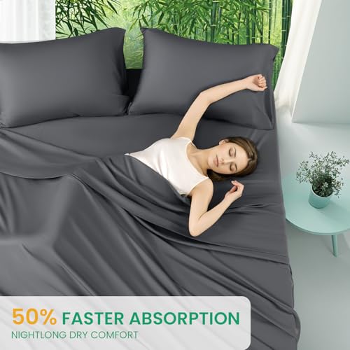 King Size Bamboo Rayon Bed Sheet Set with Dark Grey Variation - 4 Piece
