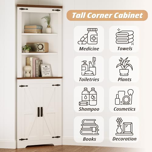 White & Brown Corner Storage Cabinet with Doors and Shelves - Tall 68''