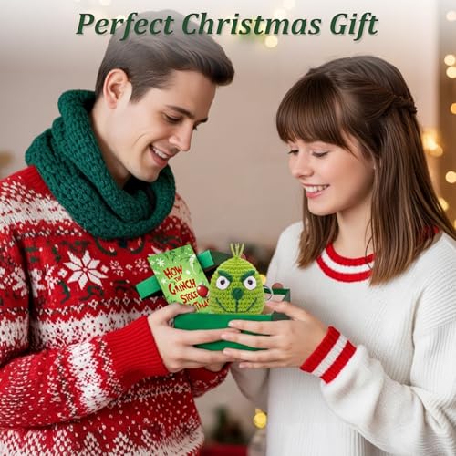 FunisFun Christmas Crochet Green Plush Ball with Keychain - Funny Handcrafted Holiday Ornament for Xmas Trees, Stocking Stuffers & Themed Party Decor